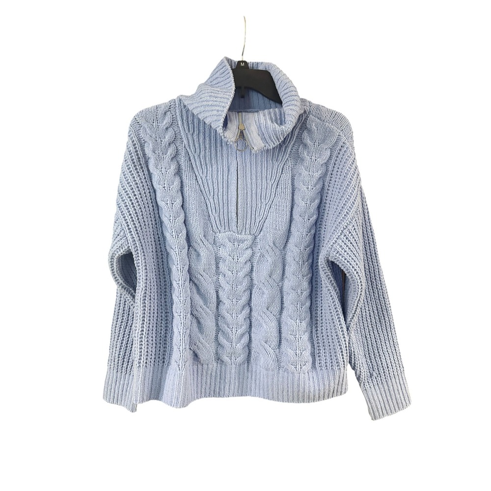 Pink Rose Womens Light Blue Cable Knit Quarter Zip Pullover Sweater Medium